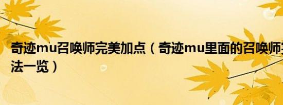 奇迹mu召唤师完美加点（奇迹mu里面的召唤师完美加点方法一览）