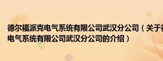 德尔福派克电气系统有限公司武汉分公司（关于德尔福派克电气系统有限公司武汉分公司的介绍）